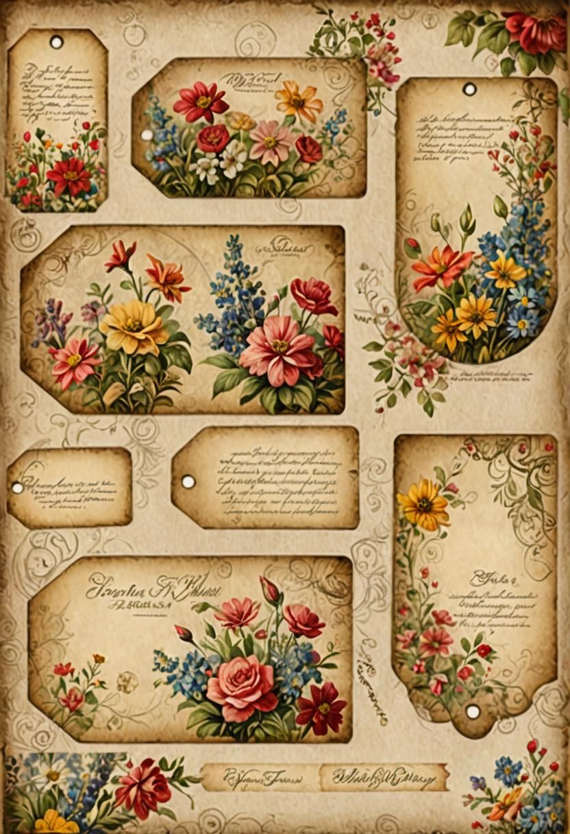 Vintage Floral Tags on Parchment in Matte Painting