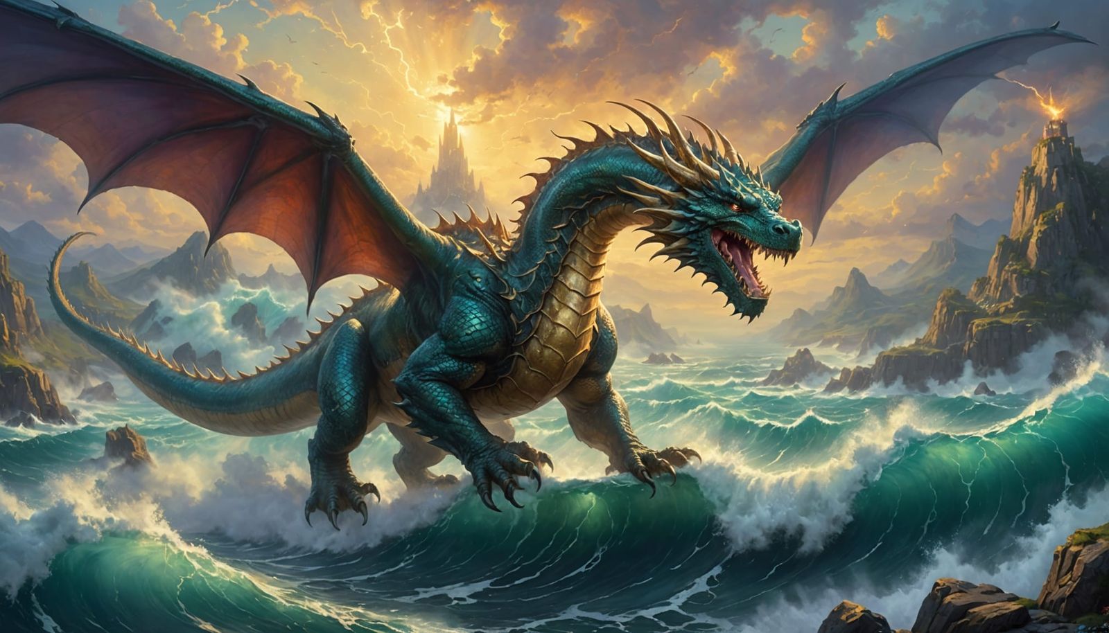 Golden Dragon Rises Amid Thunderous Skies in Ethereal Fantas...