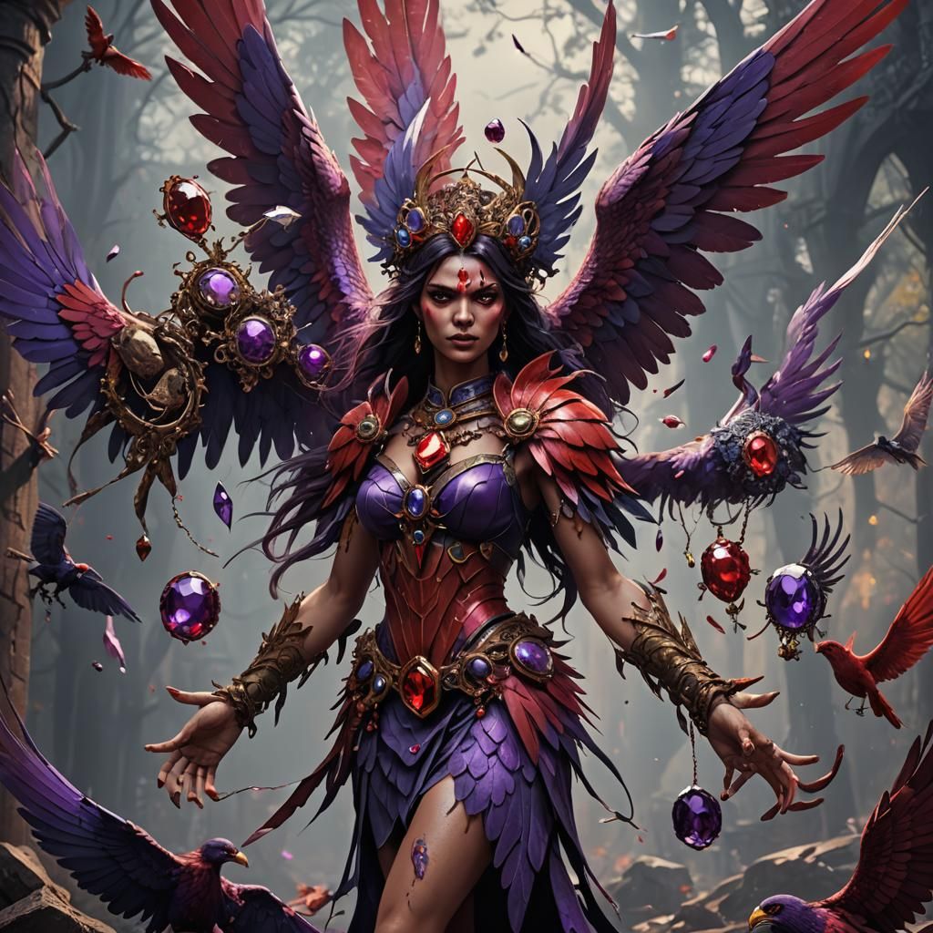 Wild horror harpy woman with terrible red and purple wings holding big jewels