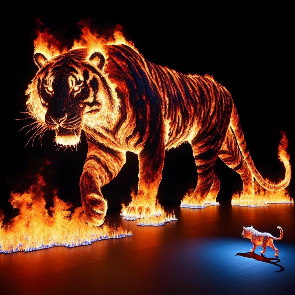 Glowing Tiger of Flames Strides Towards the Viewer with a Da...