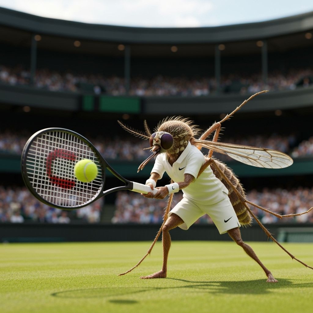 Anthropomorphic Mosquito Plays Tennis at Wimbledon