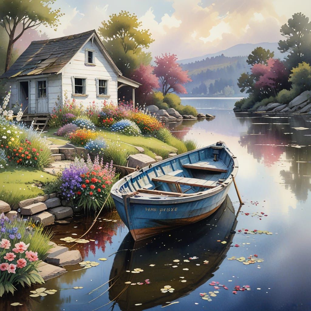 Watercolor Scene of a Weathered Boat Amidst Blooming Flowers