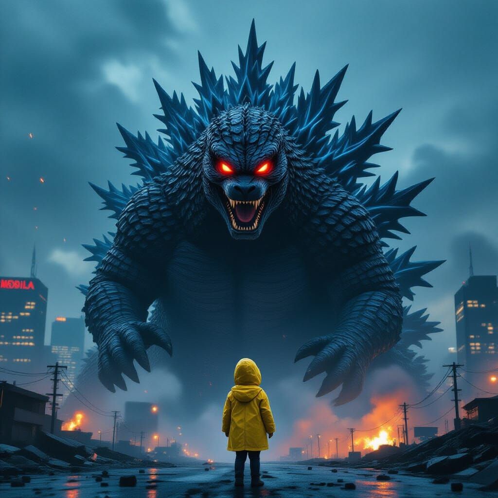 Girl Trapped in Godzilla's Hand Over Cityscape