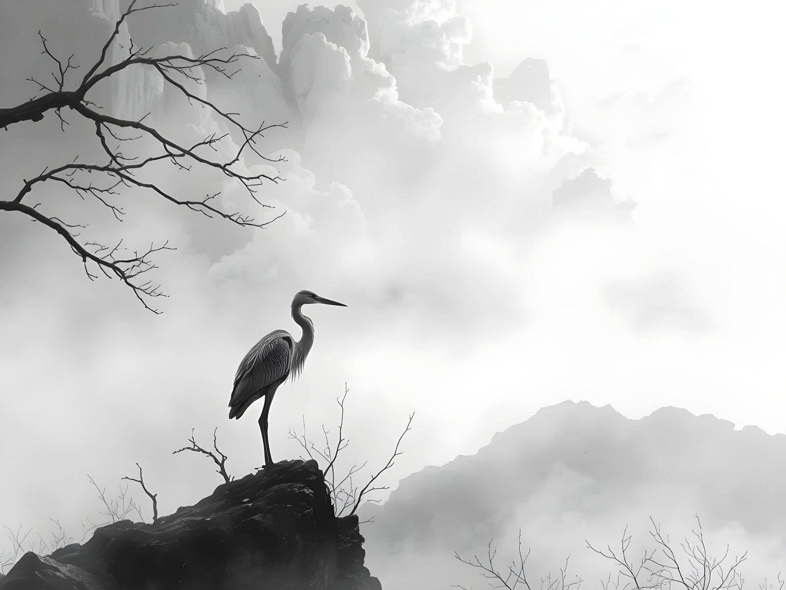 Majestic Heron in Misty Ink Landscape