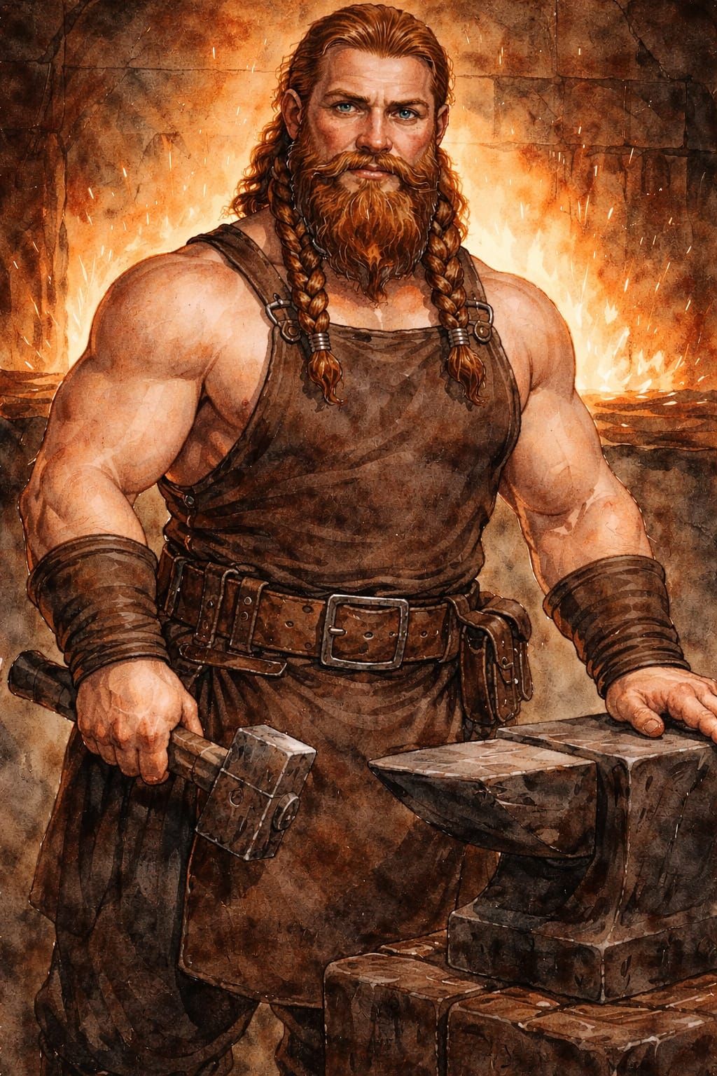 Dwarf Blacksmith in Glowing Forge Watercolor Illustration