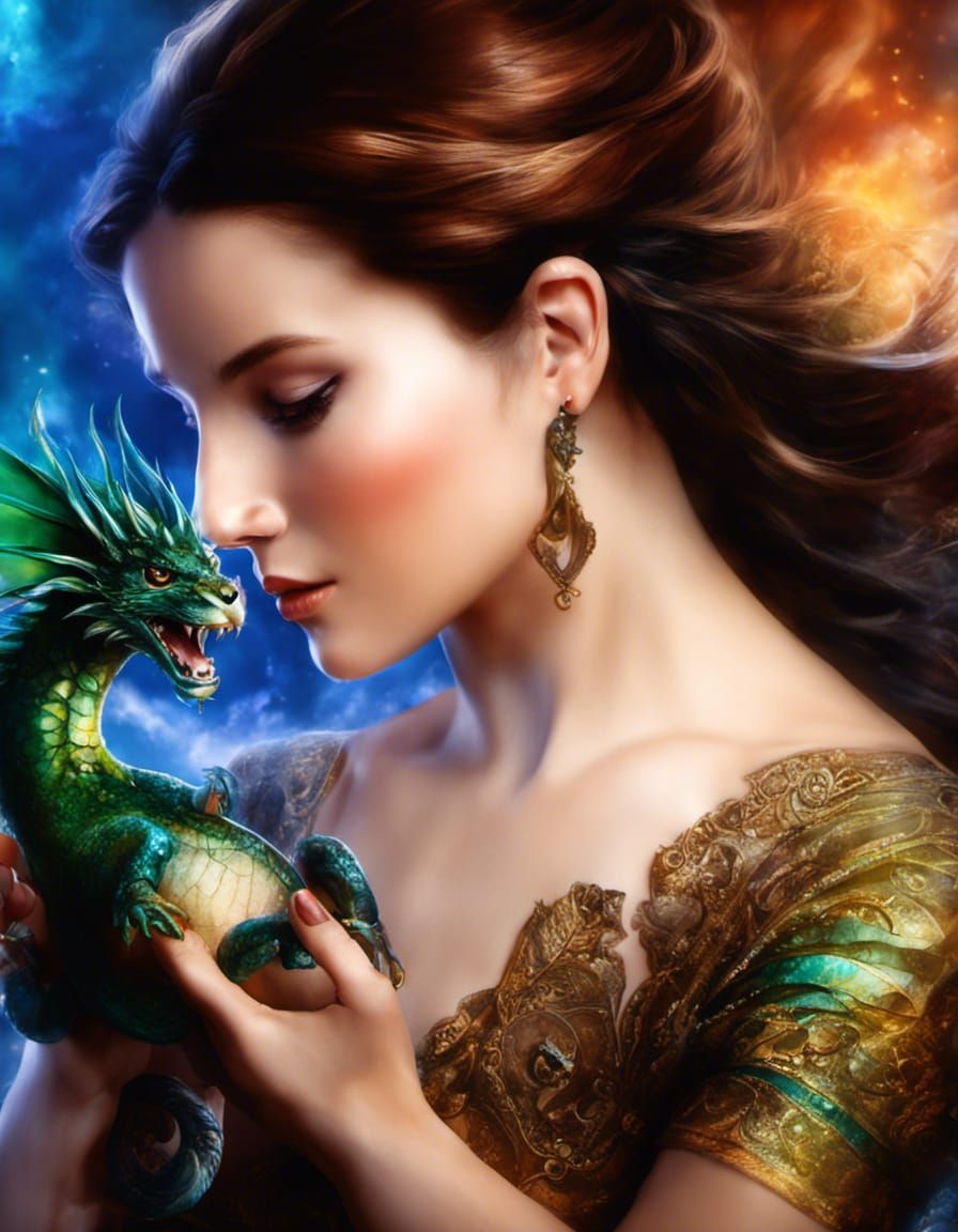 Woman Holding Dragon: Detailed Matte Painting