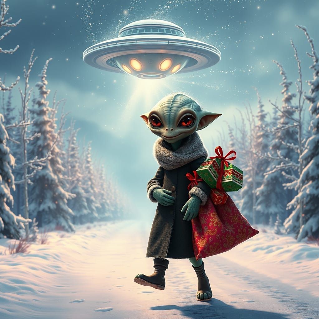 Cheerful Alien Embarks on Christmas Journey