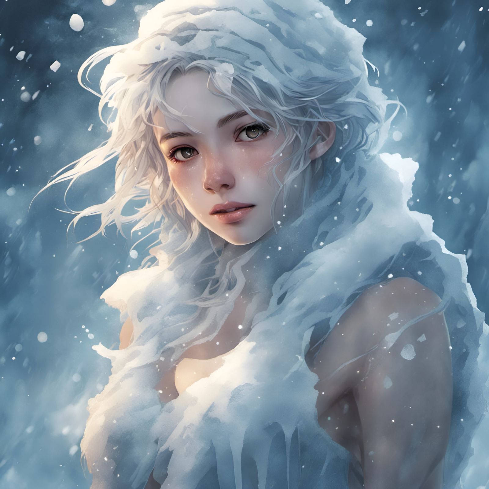 Icy Girl in Manhwa Style with Glowing Skin