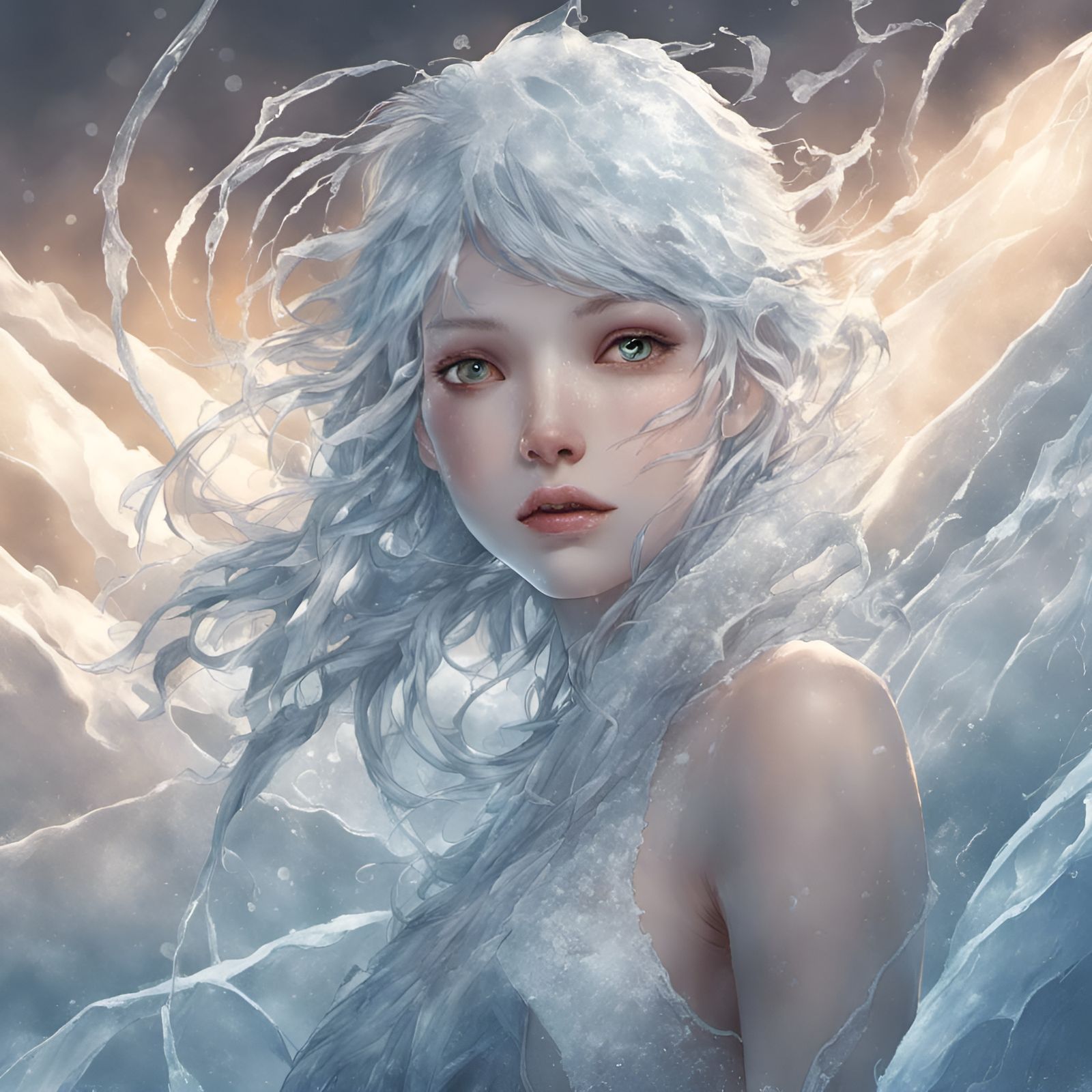 Ice Girl in Manhwa Style with Frozen Skin