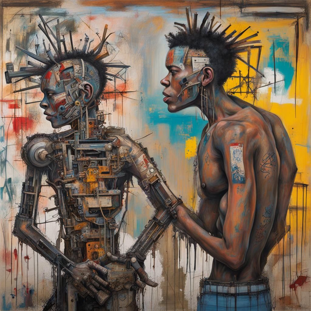 Cyborg Strides by Serene Sea: A Basquiat-Inspired Vision