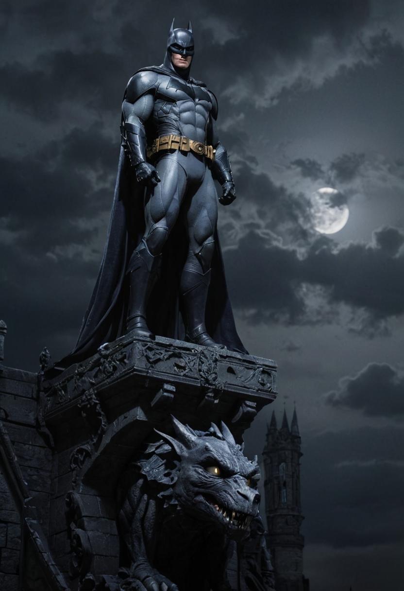 Batman Perched Atop Gothic Tower in Moonlight