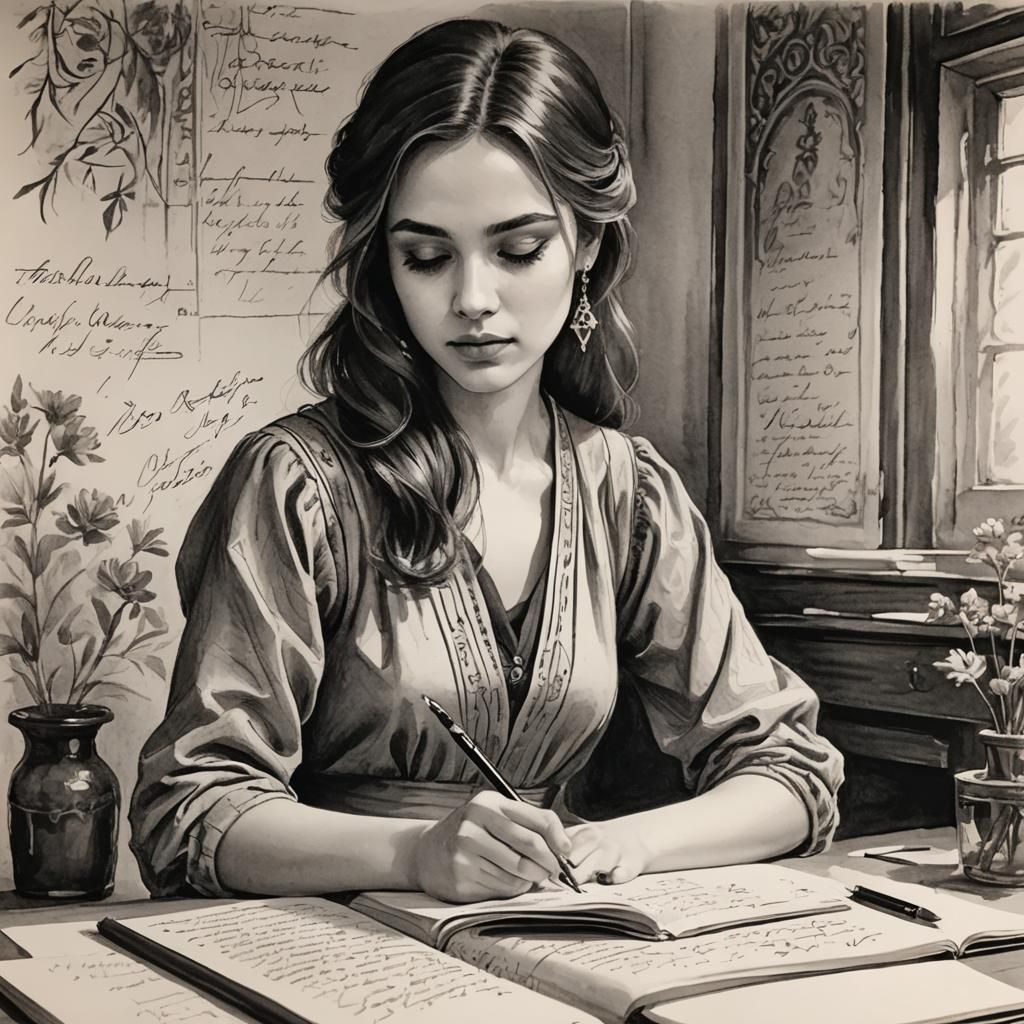 Ethereal Woman Writing Poetry in Black and White