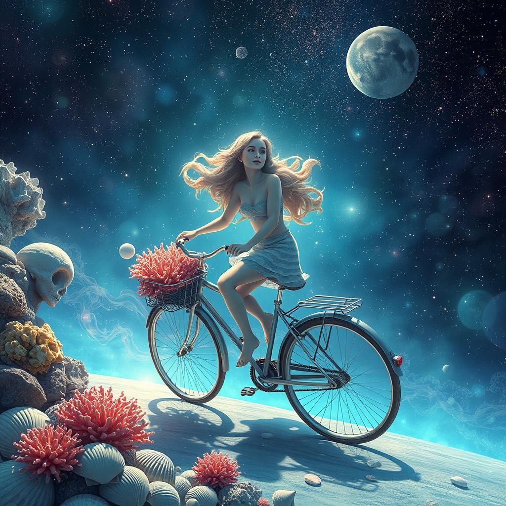 Sea Siren on Coral Bicycle, Holographic Illustration