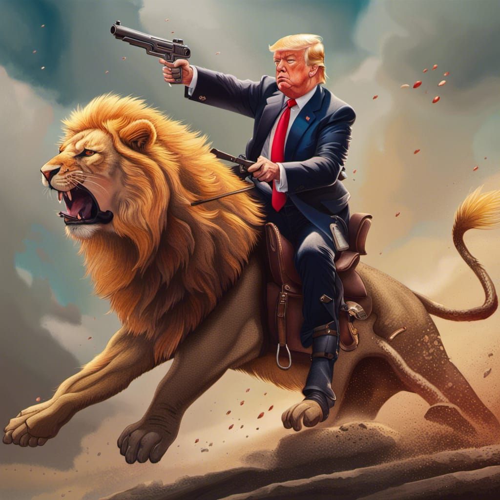 Hyperrealistic Trump Rides Lion in Detailed Art