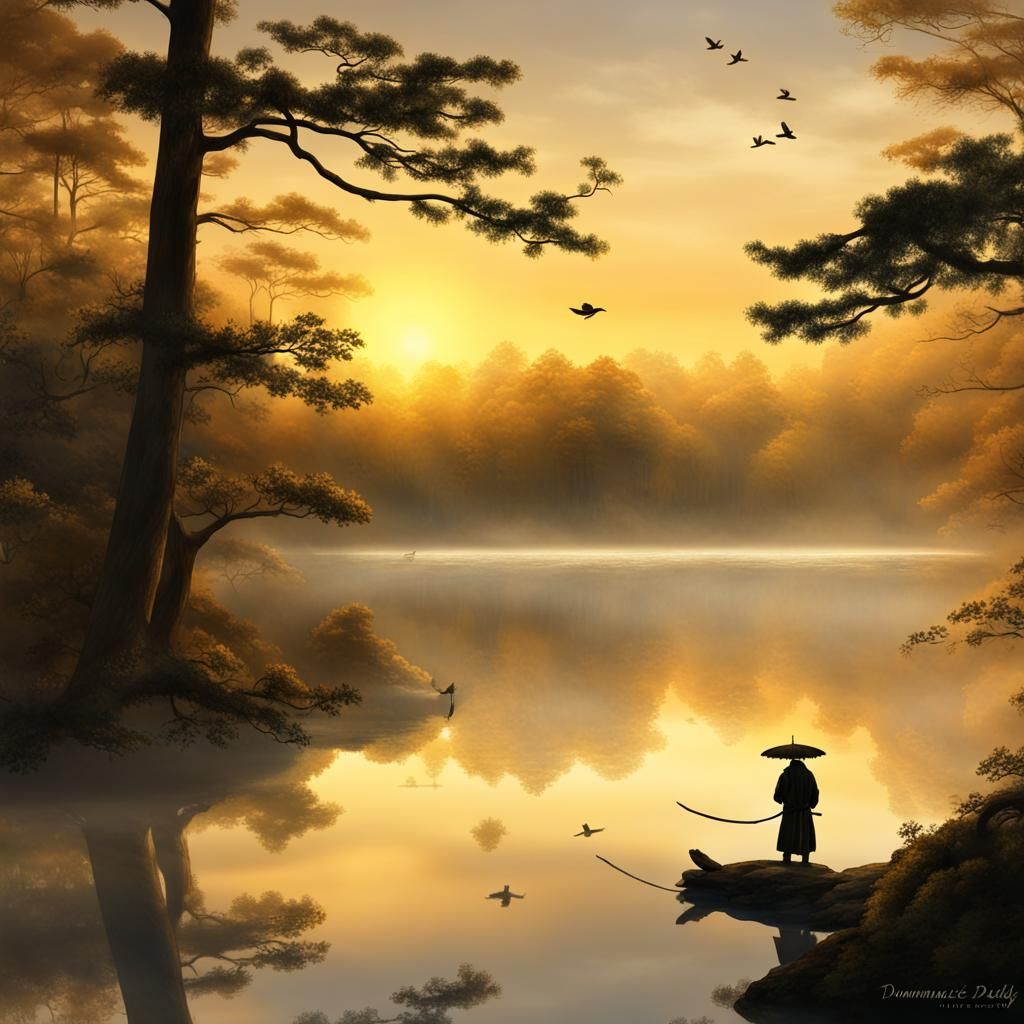 Golden Sunrise Illuminates Sign by Tranquil Lake