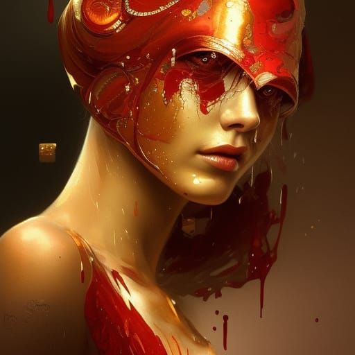 Girl in Golden Mask Swimming in Blood
