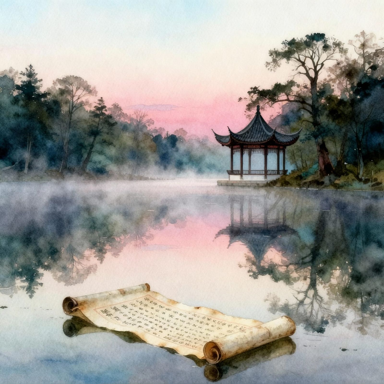 Chinese Pagoda Overlooking a Serene Riverbank