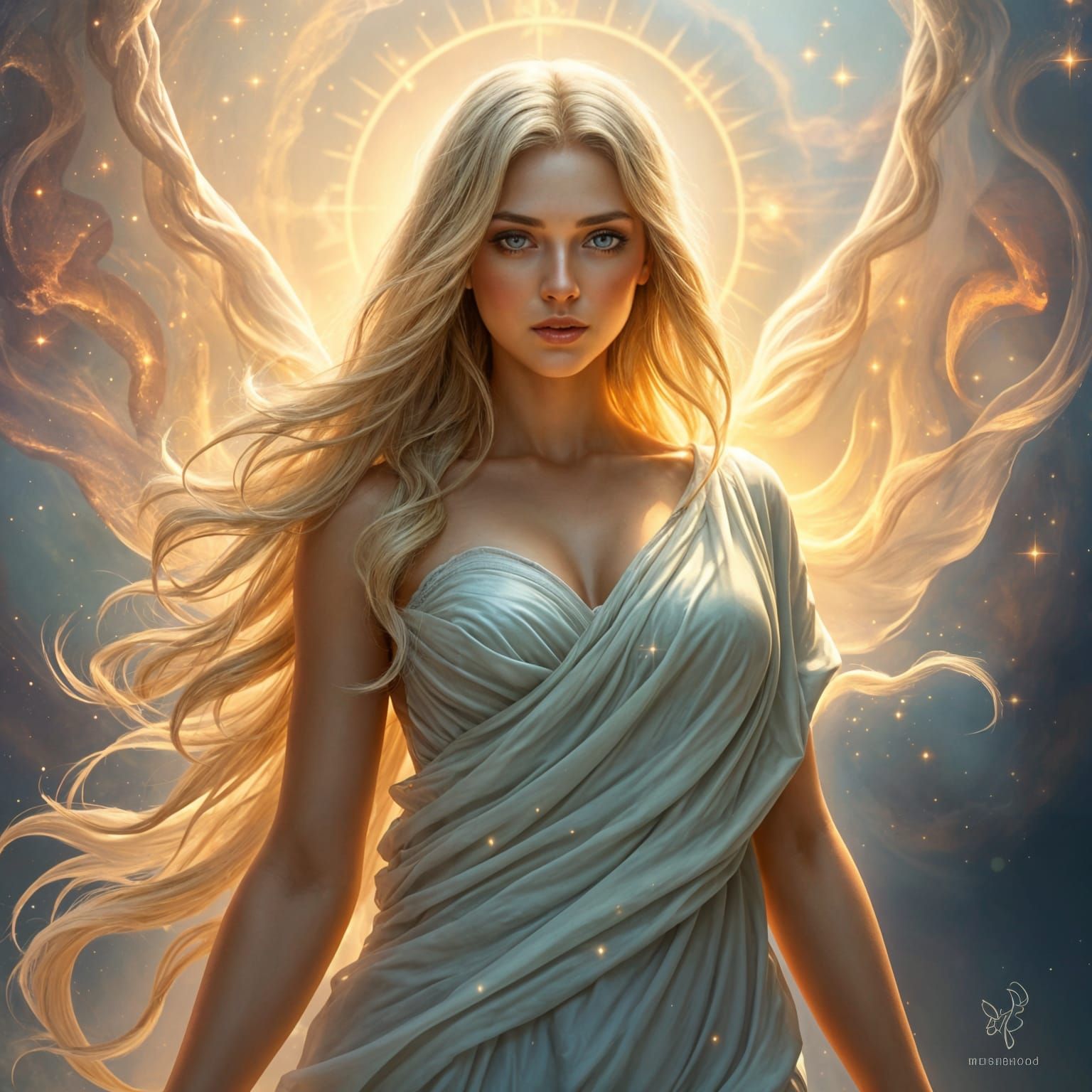 Ethereal Goddess Radiates Wisdom and Strength in Soft Golden...