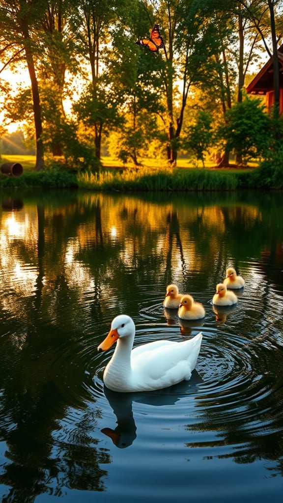 Rural Pond at Golden Hour with Ducklings