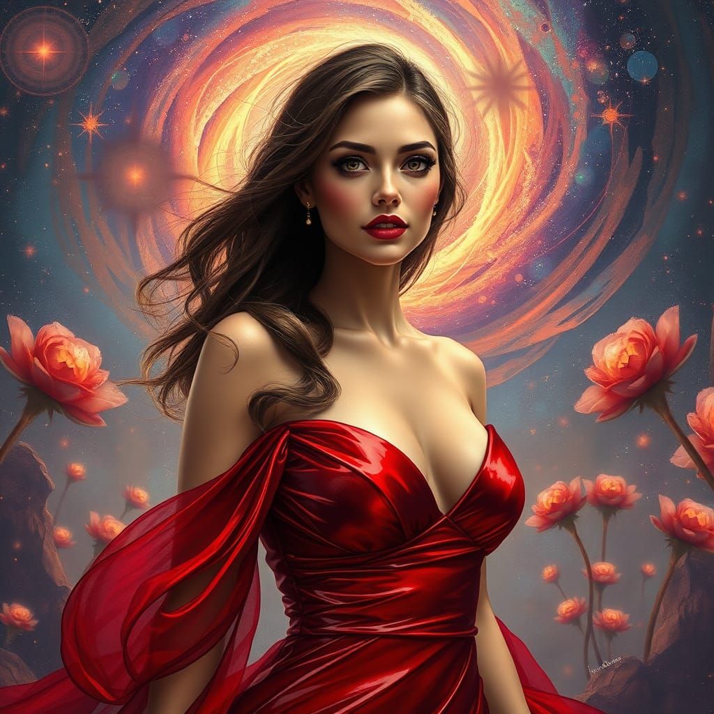 Cosmic Woman in Rose Dress, Matte Painting