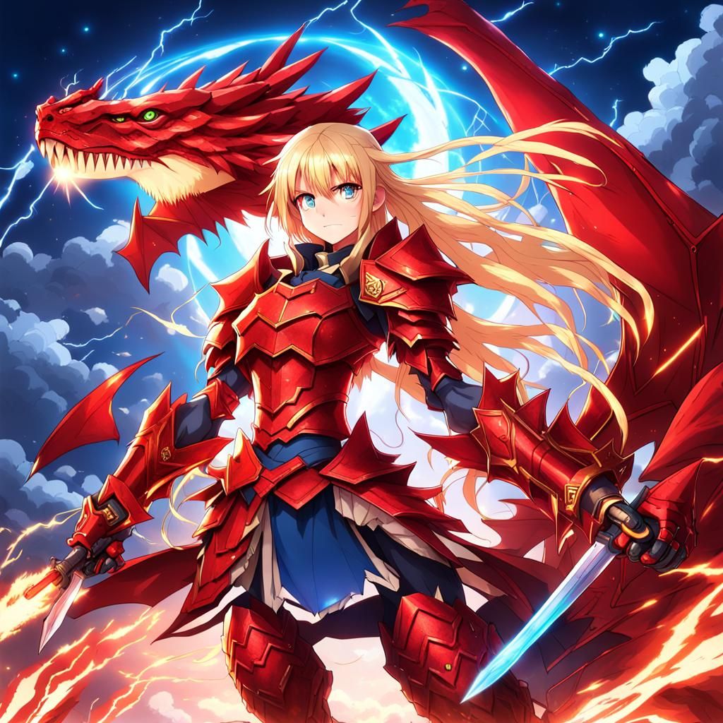 Female Warrior in Dragon Armor with Red Lightning