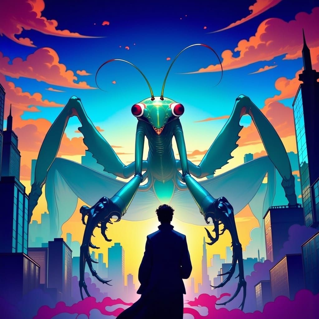 Ethereal Praying Mantis Towers Over Retro-Futuristic Citysca...