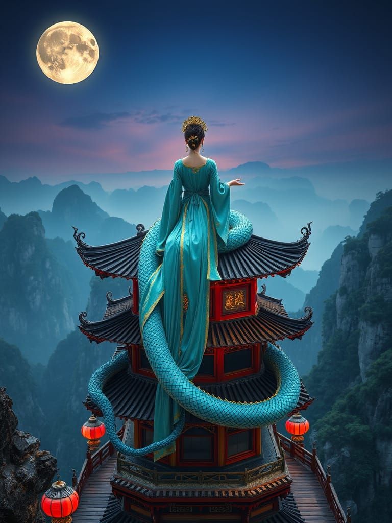 Woman with Dragon Overlooking Zhangjiajie National Forest