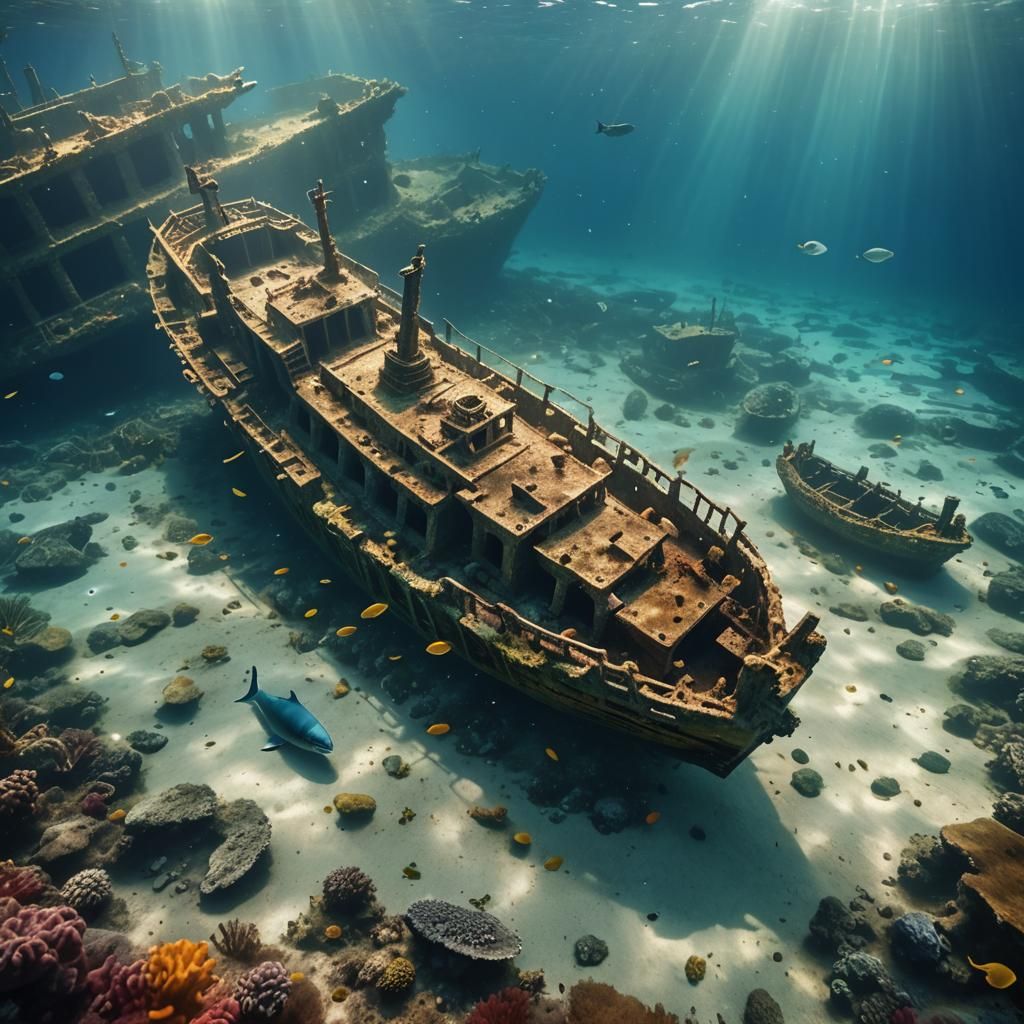 Sunken Shipwreck and Ruins with Marine Life