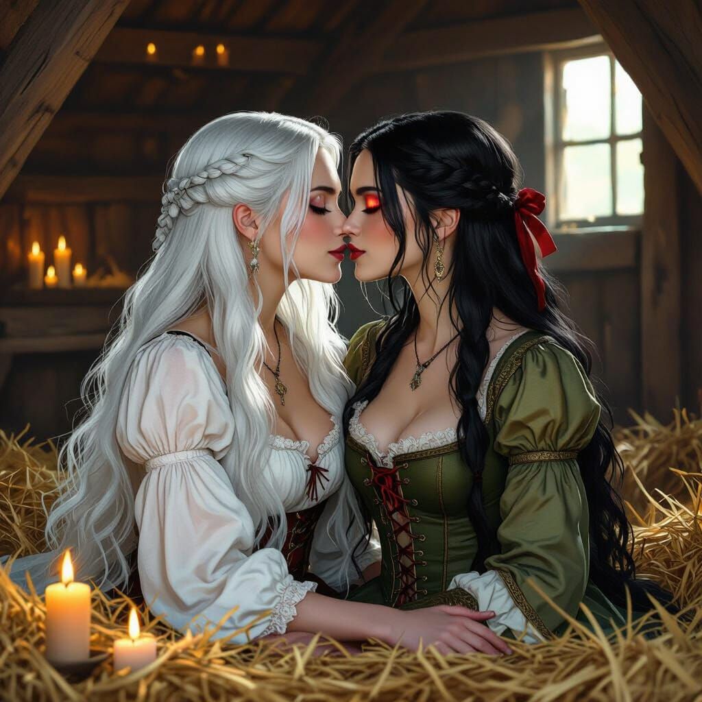 Fantasy Women Share a Kiss in Rustic Barn