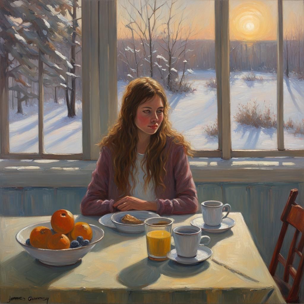 Breakfast Still Life Oil Painting of Girl at Table