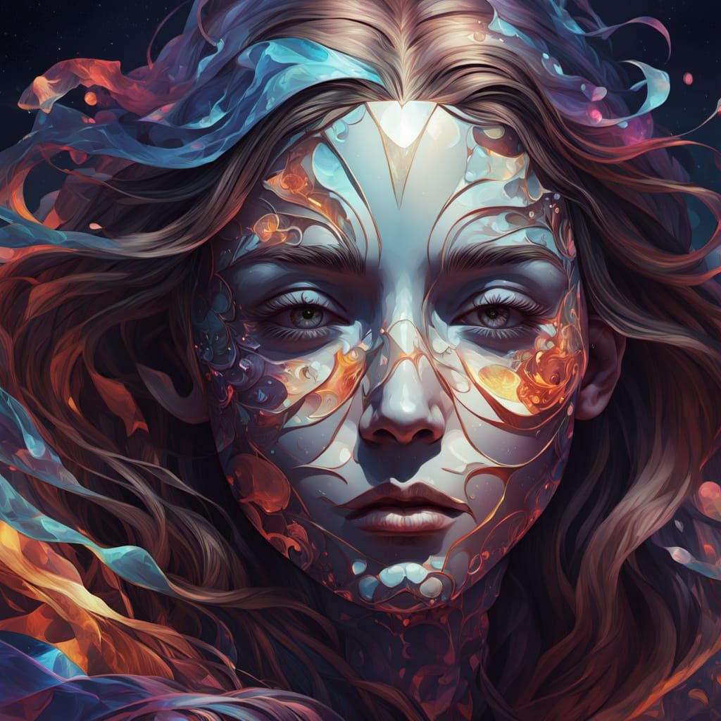 Vibrant Surrealist Portrait in Oil Painting with Holographic...