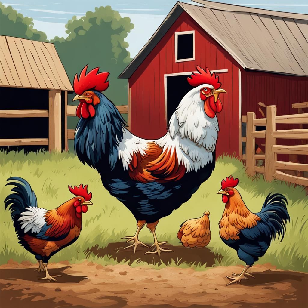 Rooster Crowing in Barnyard with Hens