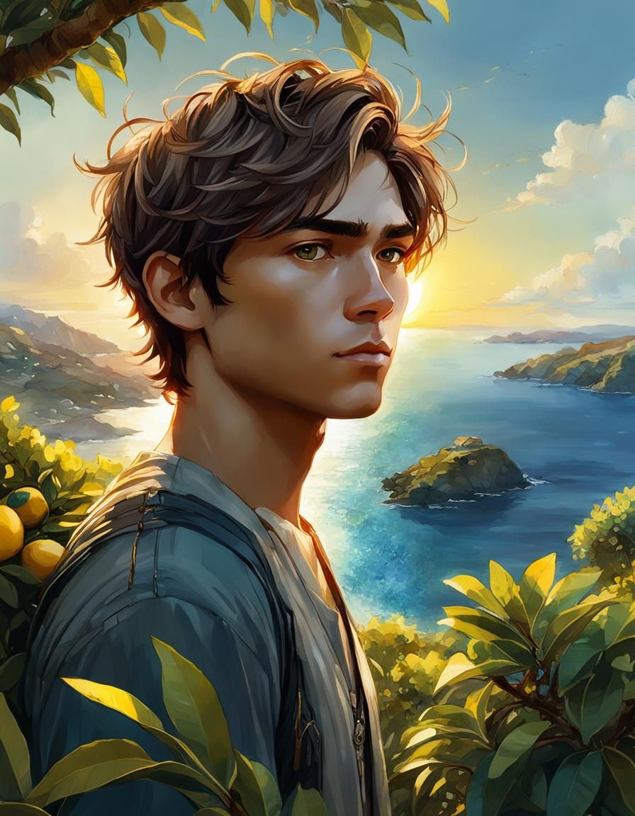 Boy Dreaming at Sunset: Digital Watercolor Illustration