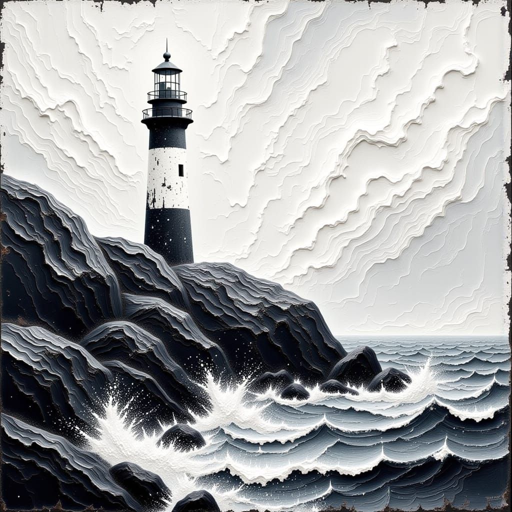 Black and White Lighthouse Impasto Painting
