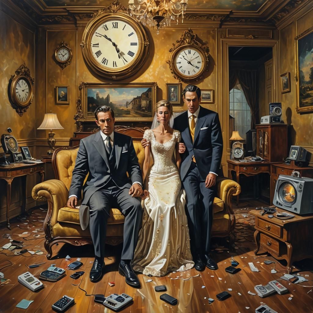 Surreal Couple in Lavish Room: Oil on Canvas
