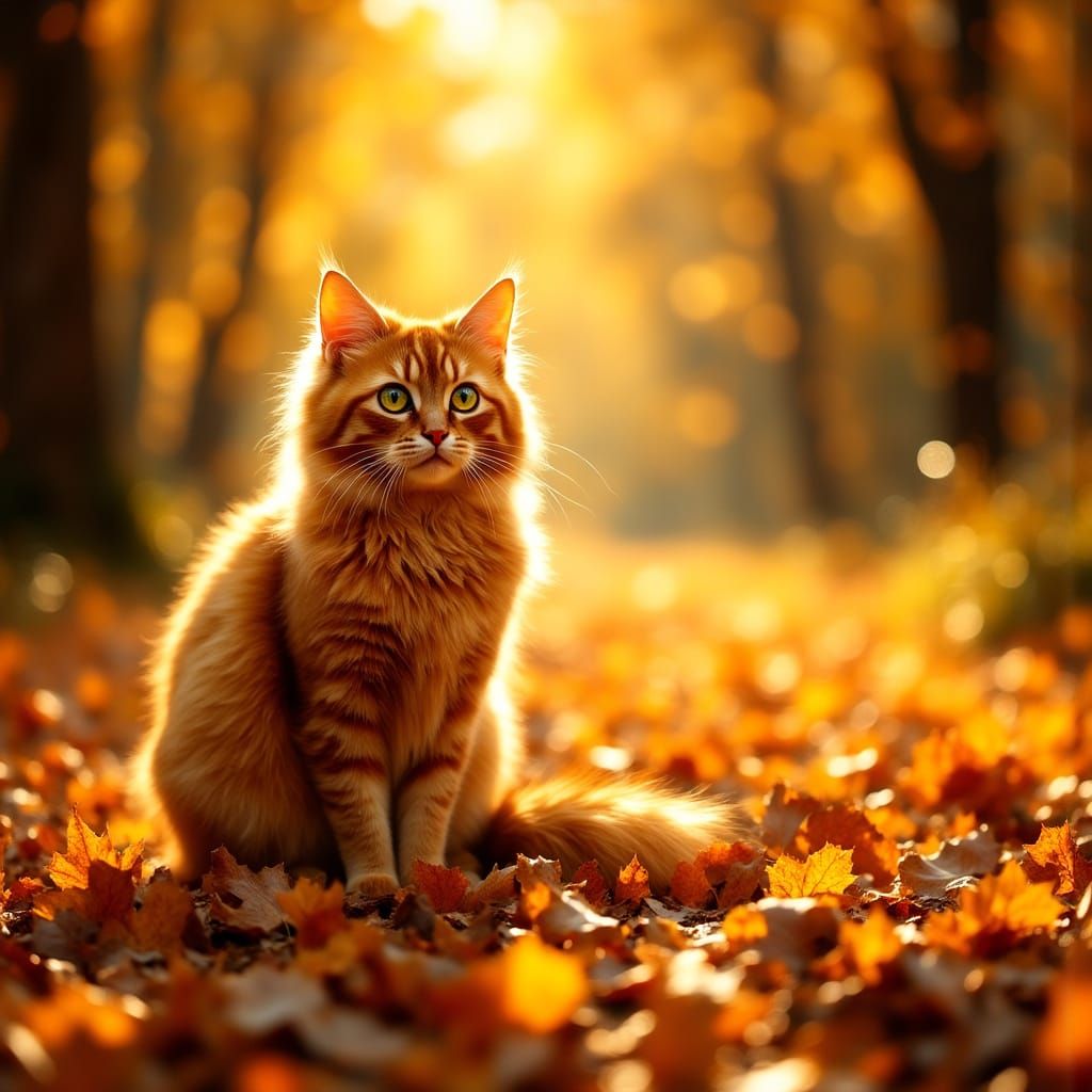 Fluffy Ginger Cat in Autumn Leaves, Photorealistic Style