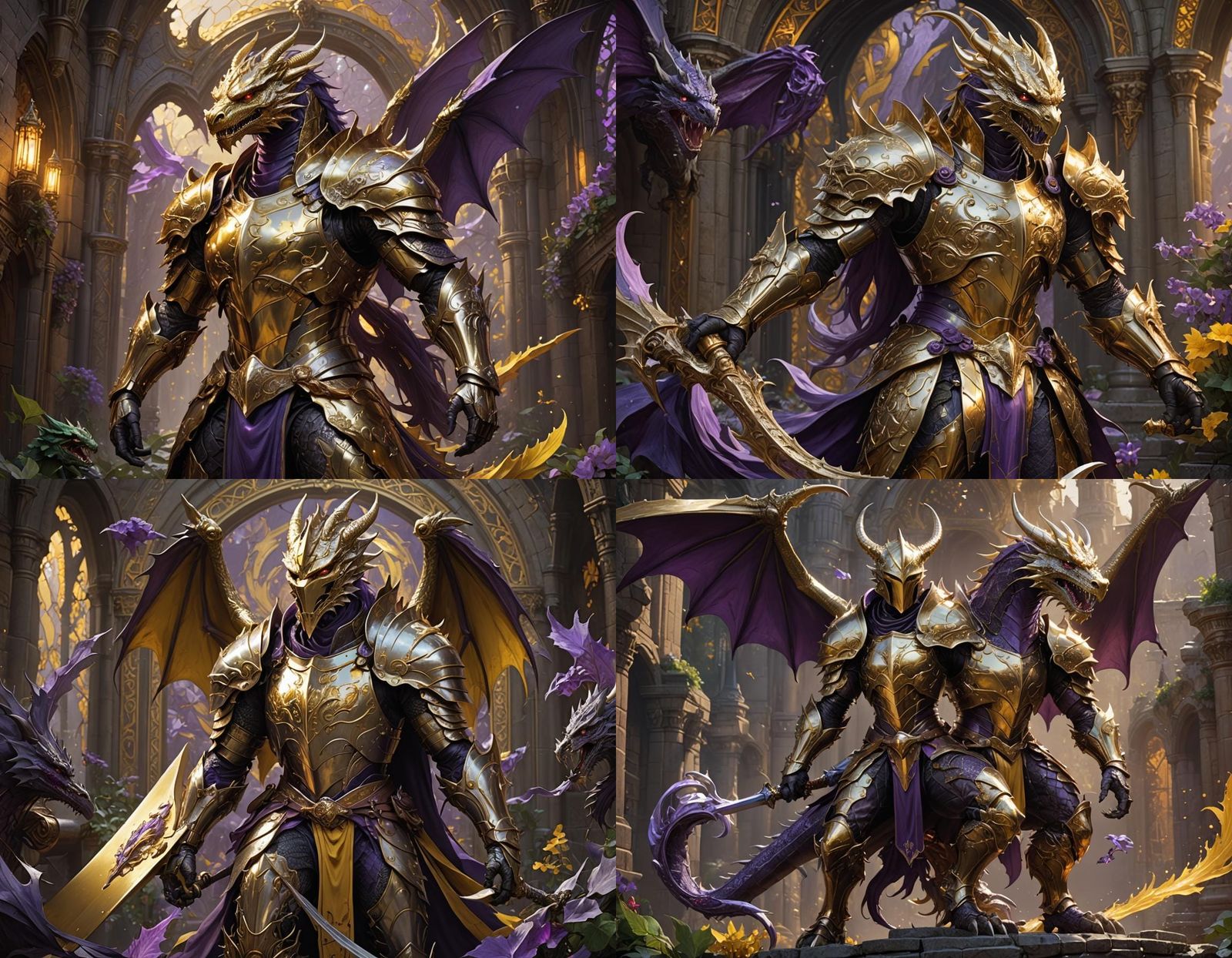 Gold Knight and Silver Dragon Dark Fantasy Art