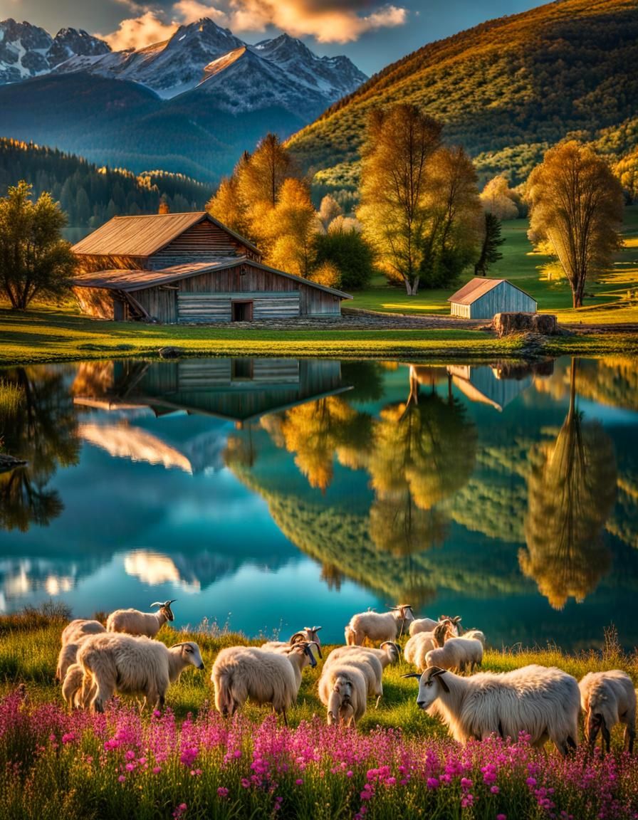 Idyllic Farm on Mountain Lake at Golden Hour