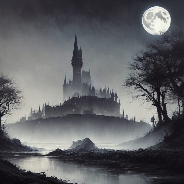 Ethereal Castle Ruins Under Supermoon Glow