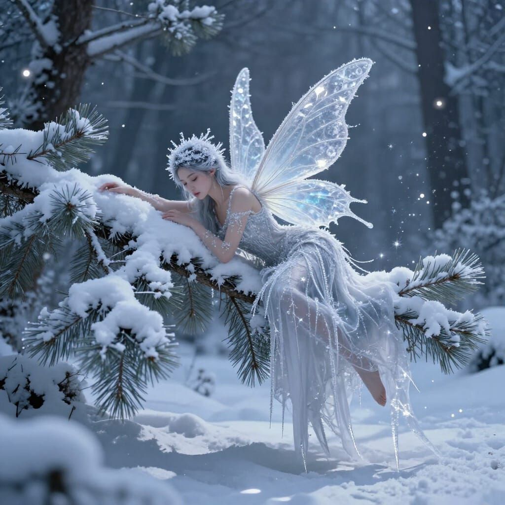 Ethereal Winter Fairy Resting in Moonlit Forest