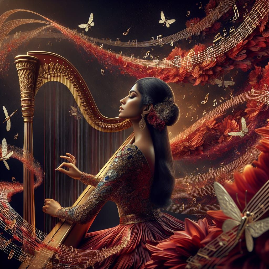 South Asian Harpist amidst Vibrant Musical Notes