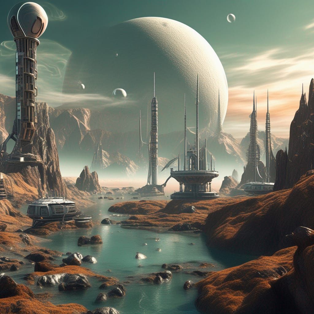 Sci-Fi Alien Planet with Mechanical Moon