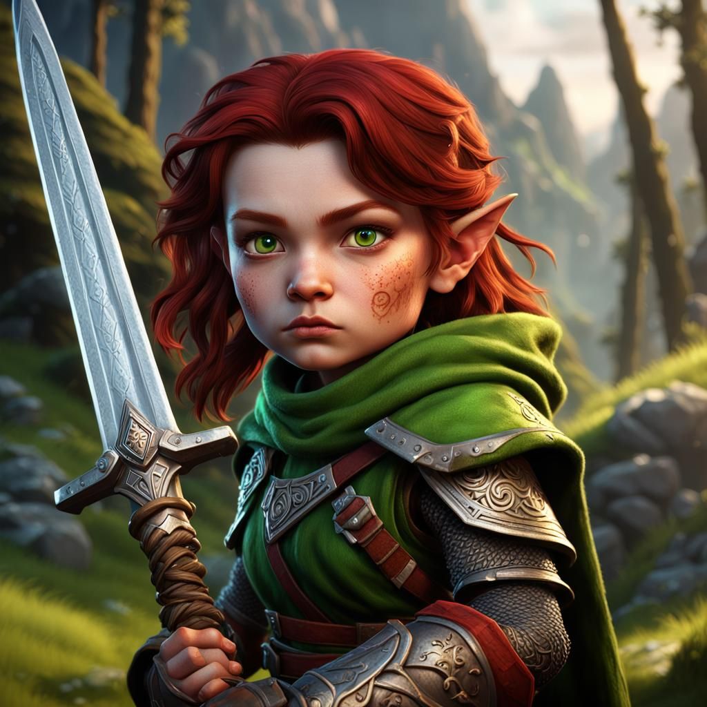 Fantastical Halfling Warrior in Dark Red Hair and Bright Gre...