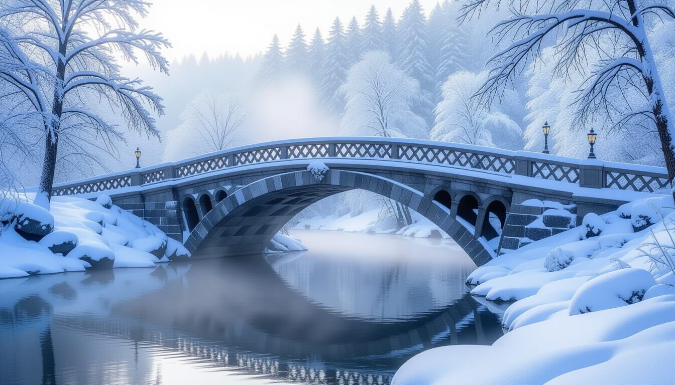 Grand Stone Bridge in Snowy Winter Landscape