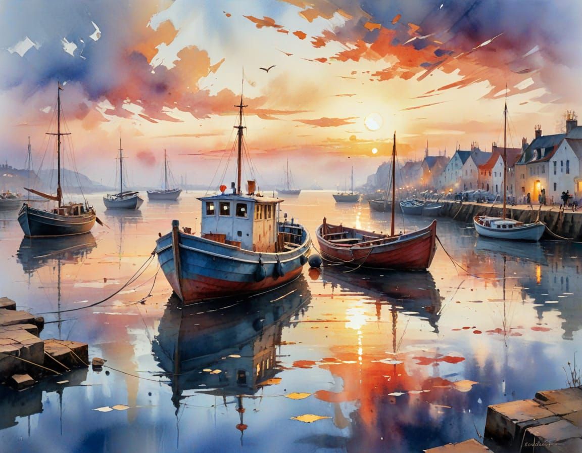 Old Boat at Harbour Sunset in Watercolor Style