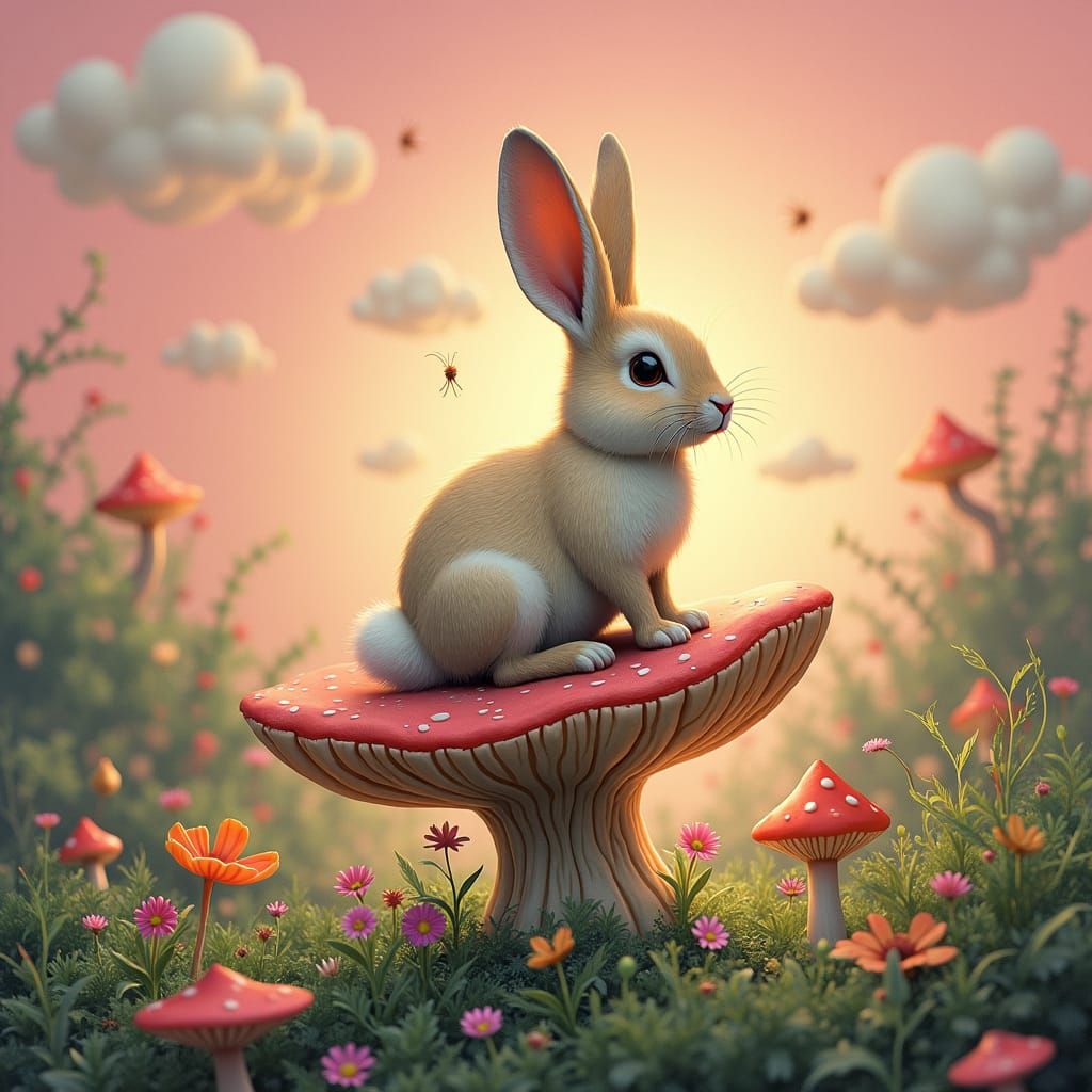 Whimsical Rabbit on Mushroom in Dreamlike Fantasy Art