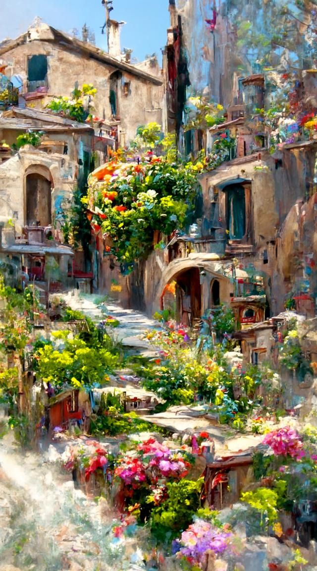 Italian Village Street Painting with Flowers