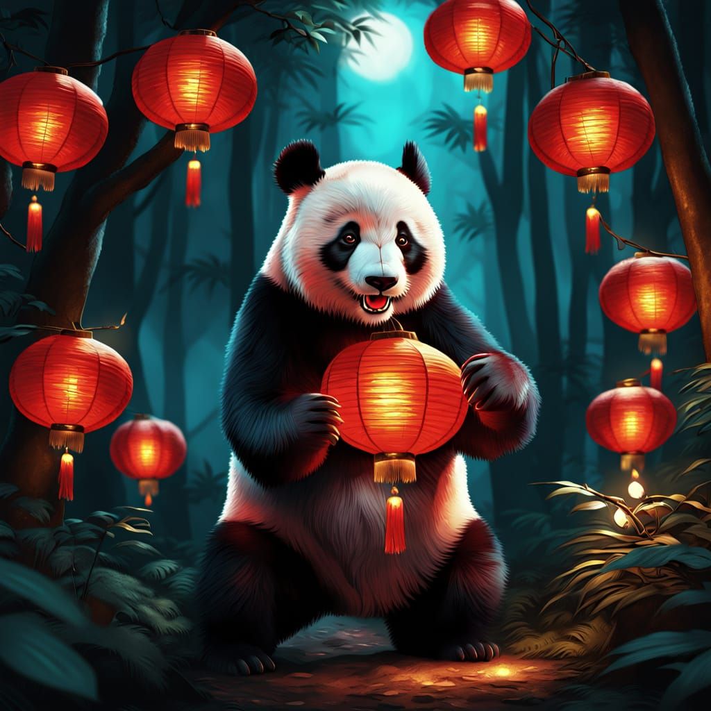 Giant Panda Lights Lanterns in Dark Forest