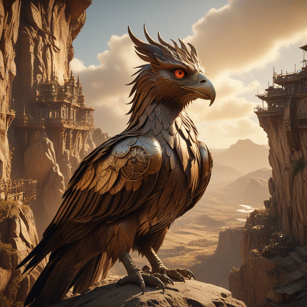 Epic Sepia Griffin Landscape in Earth Tones with Golden Acce...