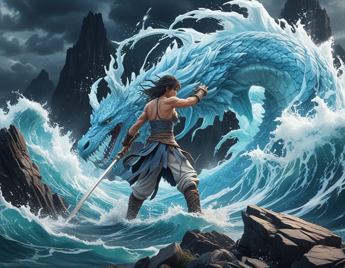 Anime Warrior Unleashes Colossal Water Serpent Attack